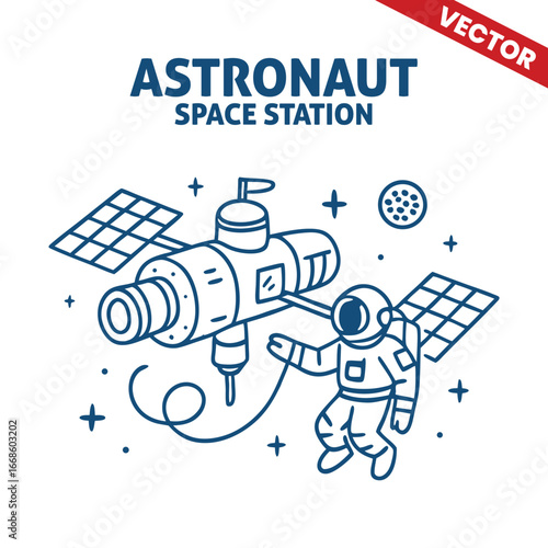 Astronaut floating in the space station, working on the spacecraft, space technology vector outline graphic illustration.