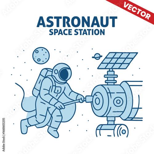 Astronaut working on the space station solar panel, space exploration theme, vector outline graphic illustration.