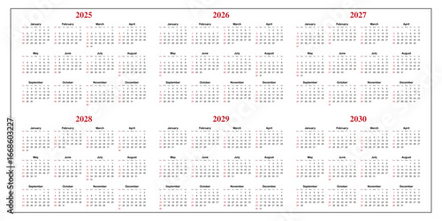 Minimalist 6-Year Calendar 2025, 2026, 2027, 2028, 2029, 2030 with Sunday Start – Clean Grid Layout for Long-Term Planning and Scheduling