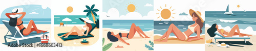 vector of woman sunbathing on the beach