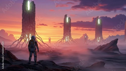 Astronaut Exploring Alien Landscape with Glowing Tree-Like Structures at Sunset