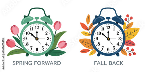 Daylight Saving Time Concept Banner,  Alarm Clock with Flowers and Leaves, Spring Forward Fall Back