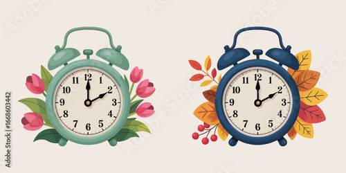 Time Change Concept Banner,  Alarm Clock with Flowers, Leaves, and Daylight Saving Theme