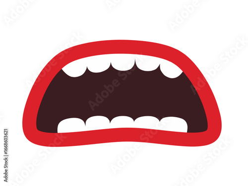 An open human mouth illustration with visible teeth in cartoon style symbolizing communication, expression, dental health, and oral care design element