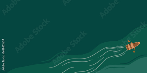 An illustration of a small boat sailing on green ocean water with flowing wave lines and large empty space symbolizing travel, adventure, and marine exploration suitable for landscape design