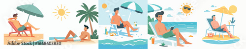 vector of young man sunbathing on the beach
