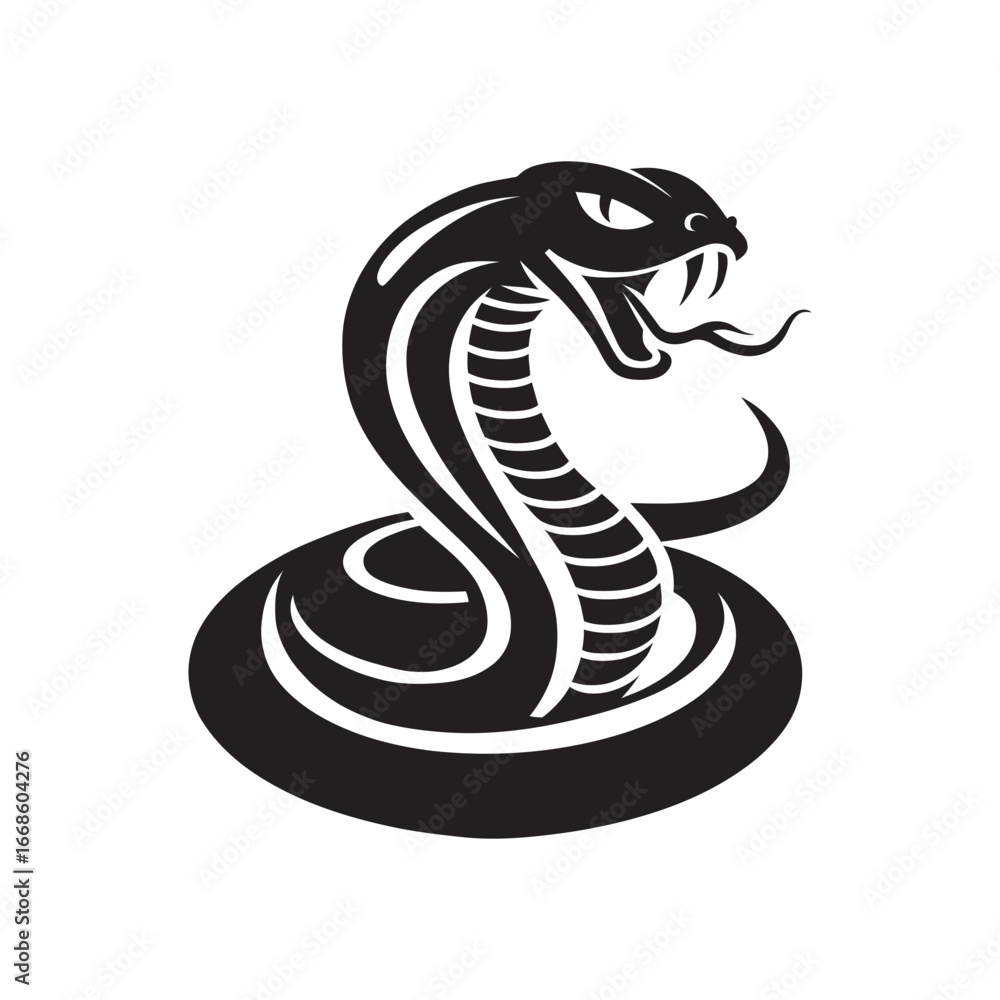 Fototapeta premium Fierce king cobra mascot with open mouth and fangs, coiled and ready to attack, vector graphic art 