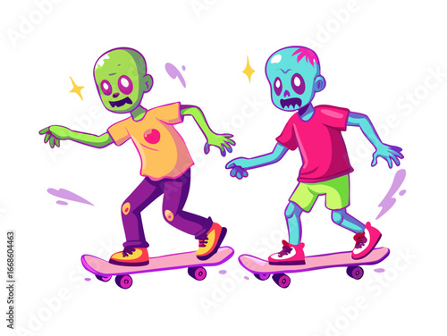 Zombie skateboard characters, cartoon skater zombies, glowing neon figures, children skating, animated undead, funny skateboarding illustration, horror sports concept, vector style art See Less
