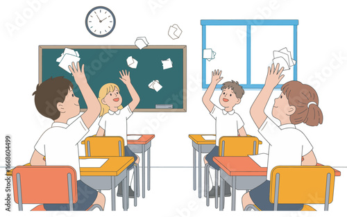 Joyful School Celebration Students Throwing Paper in Classroom