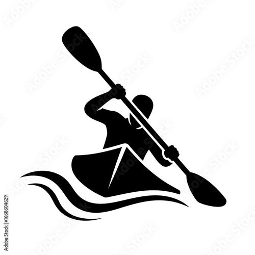 Dynamic silhouette illustration of a solo paddler navigating waves in a kayak, embodying water sport adventure and active lifestyle. Ideal for emblems, logos, and athletic event promotion.
