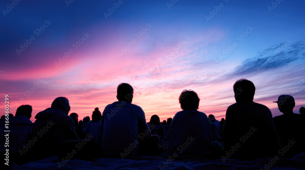 Obraz premium A serene sunset scene with silhouettes of people sitting together, enjoying the vibrant sky filled with pink and purple hues.