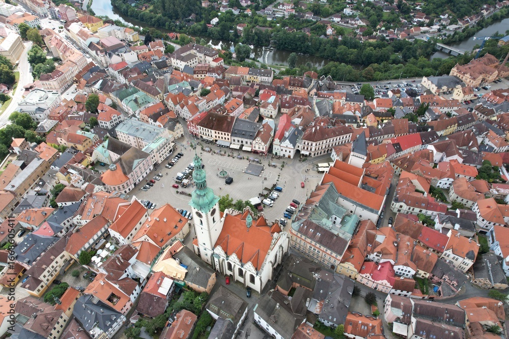 Fototapeta premium Tabor old town historical city center aerial view with medieval structures Bohemia Czech republic