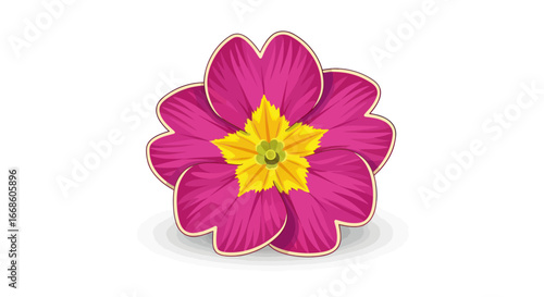 Close up of a vibrant pink flower with a yellow center.