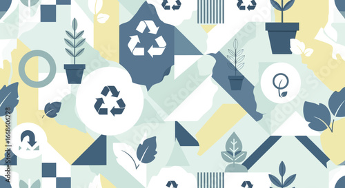 Modern seamless pattern featuring geometric shapes with ecology and recycling symbols for a sustainable concept