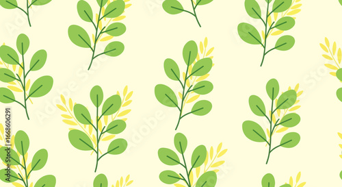 A seamless pattern of delicate green leaves and stems on a soft yellow background, evoking a sense of natural simplicity and fresh growth