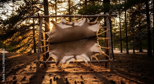 An animal hide stretched on a wooden frame to dry in the warm, golden sunlight of a forest.