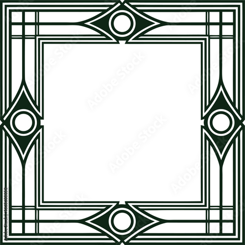Elegant geometric square frame with art deco inspired diamond accents and central circles white background