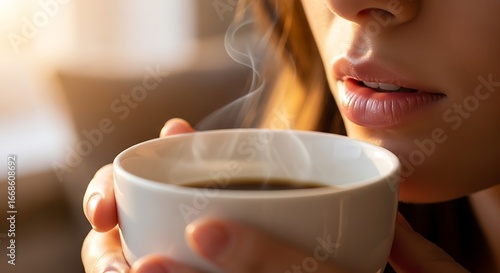 Woman enjoying a hot beverage. Close up of a woman holding a cup of coffee.
