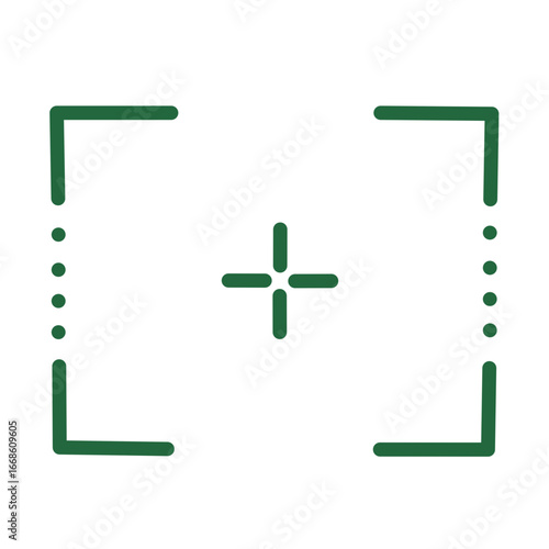 An icon of a green camera focus frame with center cross symbol representing photography, digital technology, and modern shooting interface design