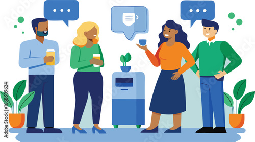Diverse group of colleagues in a casual meeting, discussing ideas and drinking coffee in a modern office setting
