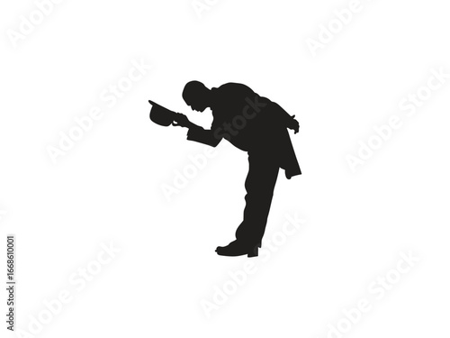 Silhouette of a man bowing with his hat in hand, showing humility and respect in a classic, timeless stance.