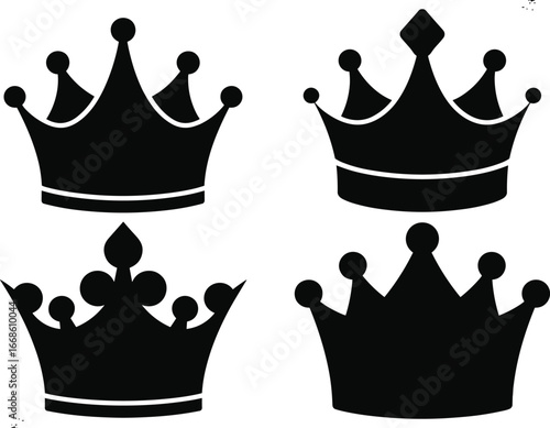 Black and white crown icons, royal vector illustrations, monarchy symbol graphics, regal silhouette designs, majestic coronation elements, luxury emblem art, king queen symbols