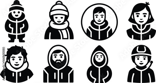Black and white winter clothing avatars, cold weather people icons, warm attire vector illustrations, seasonal outfit graphics, bundled up character designs, snow season symbols