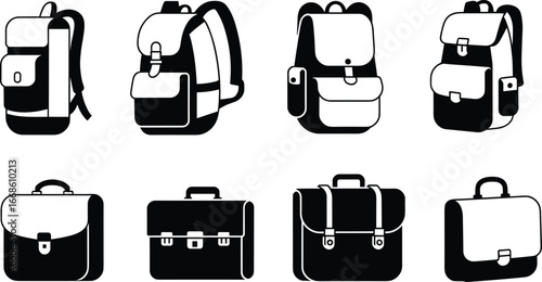 Backpack icons, briefcase icons, travel bag, school backpack, office briefcase, luggage symbol, fashion bag, business case, satchel icon, bag silhouette