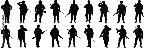 Silhouette soldiers, military poses, armed forces, rifle holding, army stance, combat readiness, war heroes, defense force, patriotic troops, battlefield posture