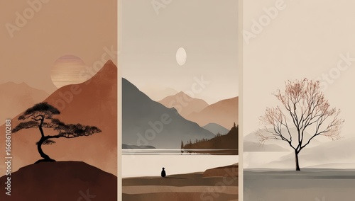 Three minimalist landscape paintings in muted tones