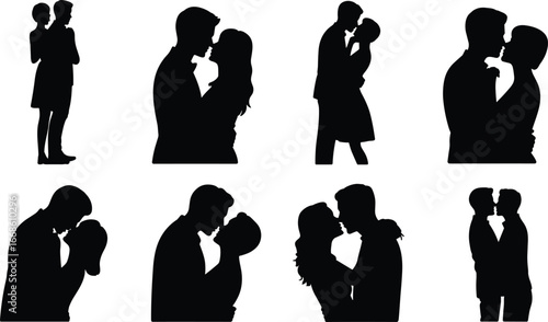 Romantic couple silhouettes, kissing and embracing poses, love relationship icons, affectionate vector art, wedding engagement design, passion illustration, Valentine’s Day concept set