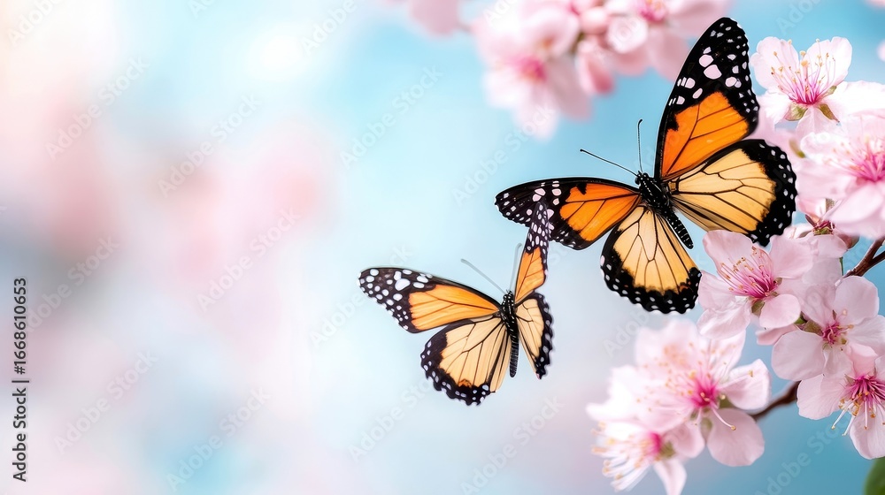 Naklejka premium Colorful butterflies resting on blooming cherry blossoms, vibrant spring scenery.
