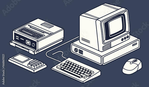 Set of retro desktop computers. Old pc machines with outdated monitors, old-fashioned keyboards, obsolete joystick and mouse. Vintage technology, equipment of 80s. Flat isolated vector illustrations o
