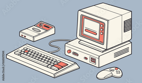 Set of retro desktop computers. Old pc machines with outdated monitors, old-fashioned keyboards, obsolete joystick and mouse. Vintage technology, equipment of 80s. Flat isolated vector illustrations o