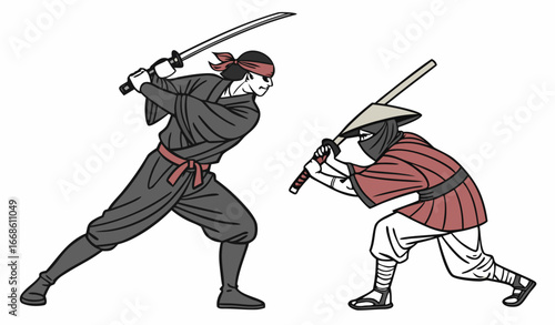 single Ninja character with sword is in fight. Shinobi with katana attacks. Samurai in mask is training with weapon. Japanese warrior, fighter defenses. Flat isolated vector illustration on white back