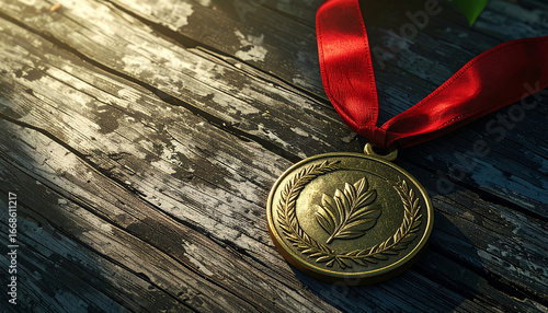 Illuminated medal on rustic wood celebrating achievement and triumph symbolizing hard work
