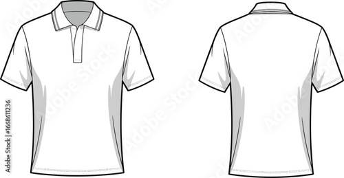 Short sleeve polo shirt vector template with stitch detailing, front and back view, ideal for fashion design and clothing mockups.