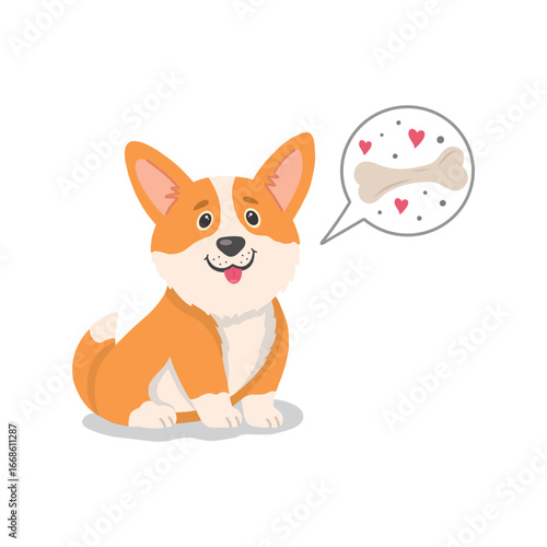 A charming cartoon corgi puppy is sitting with his tongue sticking out, with an expression of happiness on his face. Vector illustration of a cute corgi puppy highlighted on a white background.