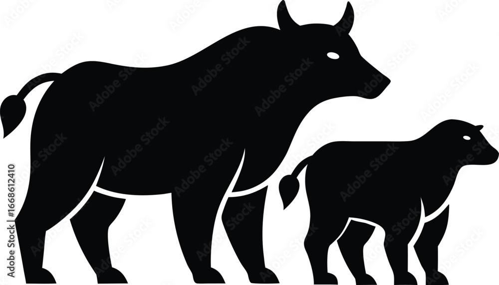 Obraz premium Silhouette of Cow and Calf: A striking silhouette depicts the serene harmony between a cow and its calf, rendered in minimalist black and white. Evoking the bond of motherhood.