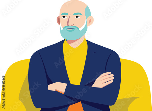 Bald man with beard and blue suit sitting with arms crossed on yellow chair