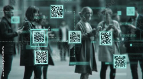 People engaging with QR codes and contactless payments in a modern smart city setting