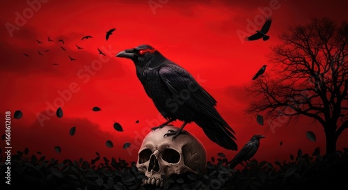 Gothic Sentinel: Black Raven with Fiery Eyes Atop a Skull Under a Blood-Red Sky