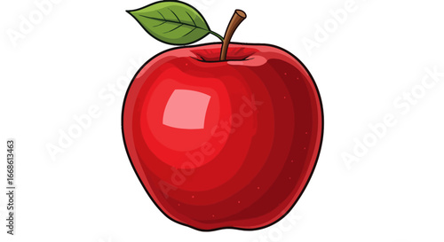 Vibrant Red Apple with Leaf and Stem on White Background.