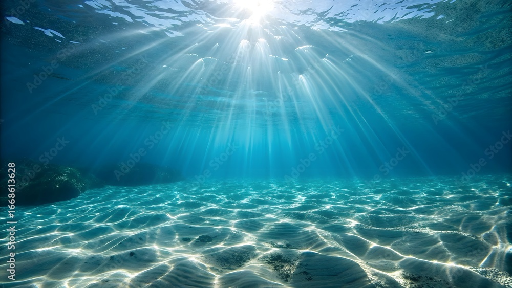 Fototapeta premium Underwater Sunlight Streaming Through Rippling Water Surface Scene