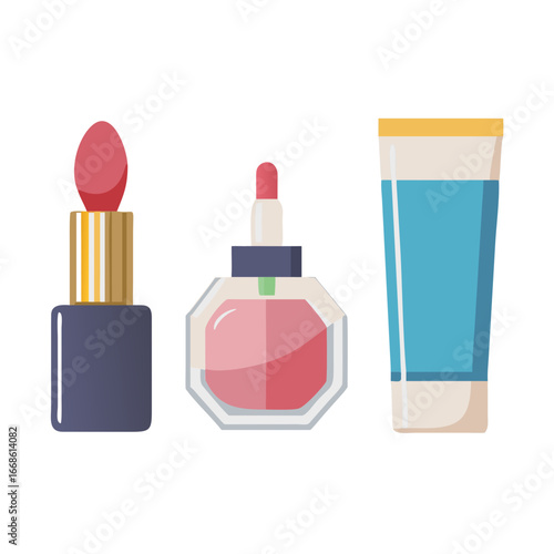 Cosmetic products, including lipstick, perfume, and cream for beauty, makeup, and fashion needs