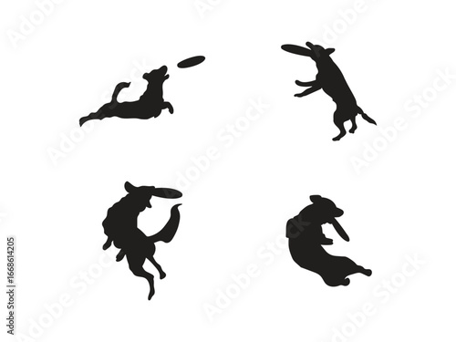 Dynamic dogs leaping to catch frisbees, showcasing energetic play and athletic agility in this lively silhouette collection.