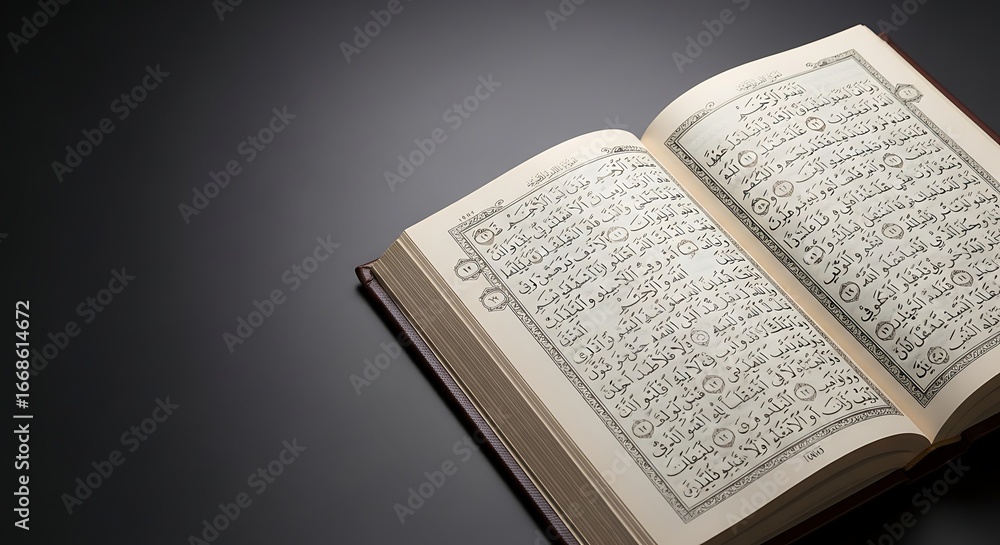 Fototapeta premium Open Quran with elegant calligraphy and verses, perfect for religious concepts and designs