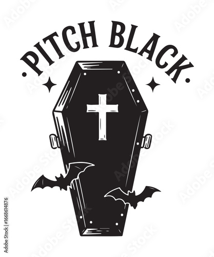 Spooky Coffin with Bats and Cross - Pitch Black Halloween Design