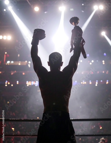 Victorious moment of a boxer raising gloves and trophy after championship win