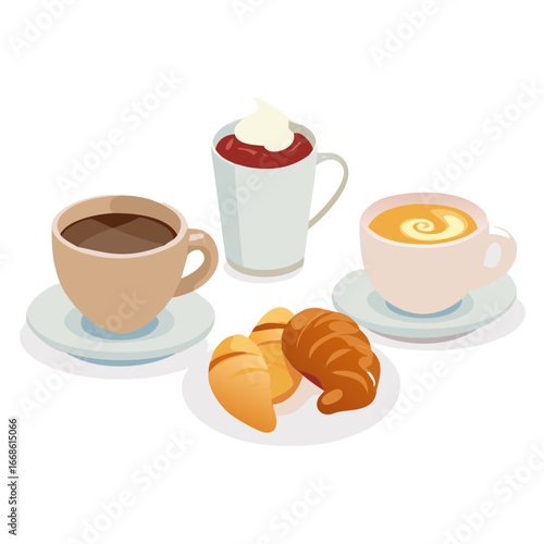 Assorted coffee cups and croissants, a delightful breakfast or snack selection with various flavors and styles